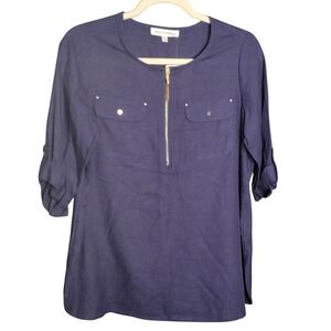 Emily Daniels Blouse Womens PS Navy Blue Linen Blend Roll Tab Sleeve Zip Front